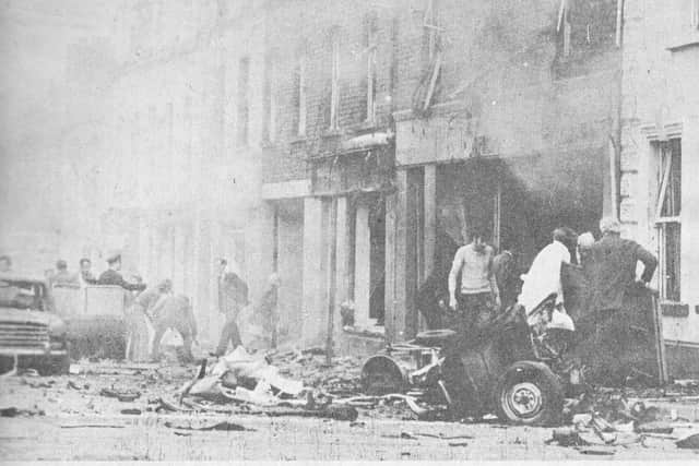 The scene in the aftermath of the Provisional IRA bomb that exploded in Railway Road, Coleraine on June 12, 1973. The explosion killed six civilians.