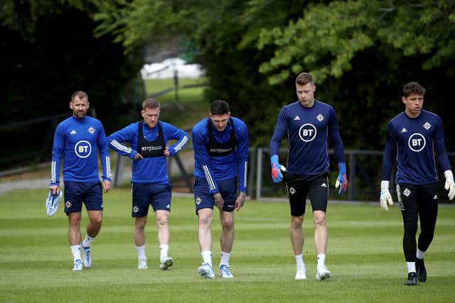 Northern Ireland’s Niall McGinn, Steven Davis, Kyle Lafferty, Bailey Peacock-Farrell and Josh Clarke during yesterday's training session