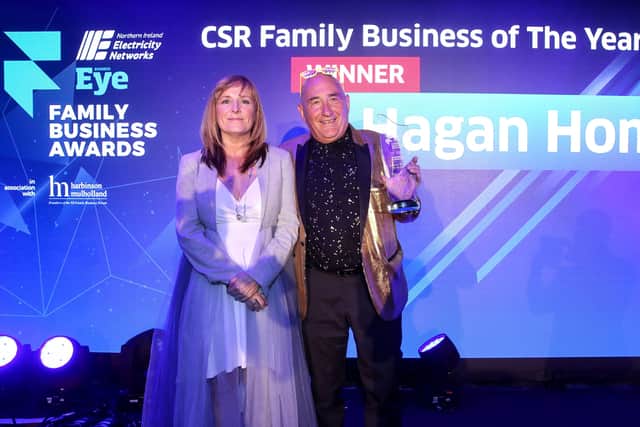(l-r) Roisin Wood, Chief Executive of The Community Foundation for Northern Ireland (sponsors of the CSR award category) and James Hagan, Founder and Chair, Hagan Homes.