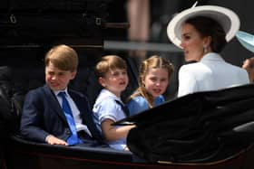 Prince George, Prince Louis, Princess Charlotte and the Duchess of Cambridge during the Trooping the Colour ceremony at Horse Guards Parade, central London, as the Queen celebrates her official birthday, on day one of the Platinum Jubilee celebrations. Picture date: Thursday June 2, 2022.