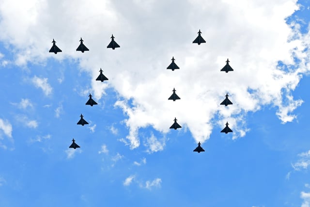 Fighter jets from the RAF fly in formation to form the number '70' duing a special flypast following the Trooping the Colour ceremony at Horse Guards Parade, central London, as the Queen celebrates her official birthday, on day one of the Platinum Jubilee celebrations. Picture date: Thursday June 2, 2022.