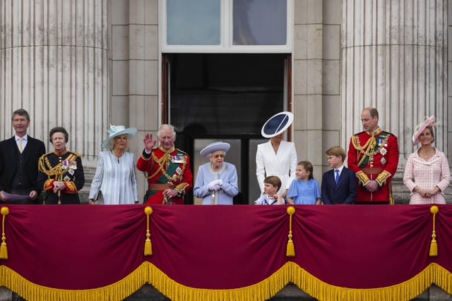 (left to right) Vice Admiral Sir Tim Laurence, the Princess Royal, the Duchess of Cornwall, the Prince of Wales, Queen Elizabeth II, Prince Louis, Prince George, the Duchess of Cambridge, Princess Charlotte, Prince George, the Duke of Cambridge and the Countess of Wessex on the balcony of Buckingham Palace, to view the Platinum Jubilee flypast, as the Queen celebrates her official birthday, on day one of the Platinum Jubilee celebrations. Picture date: Thursday June 2, 2022.