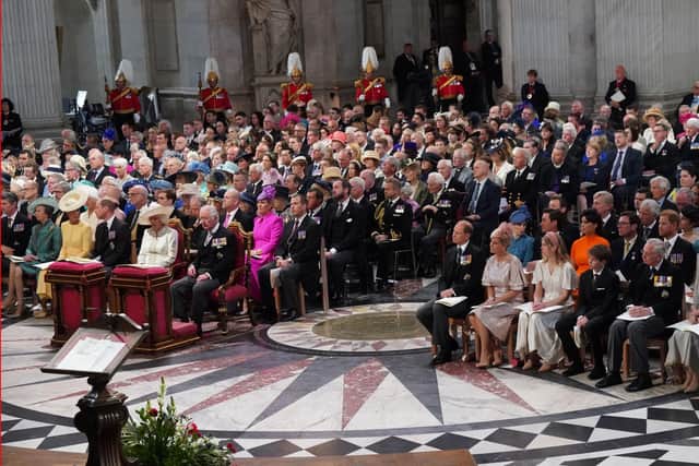 Vice Admiral Sir Tim Laurence, the Princess Royal, the Duchess of Cambridge, the Duke of Cambridge, the Duchess of Cornwall, the Prince of Wales , the Earl of Wessex, the Countess of Wessex, Lady Louise Windsor, James, Viscount Severn, the Duke of Gloucester, and the Duchess of Gloucester, with the wider members of the Royal Family seated behind during the National Service of Thanksgiving at St Paul's Cathedral, London