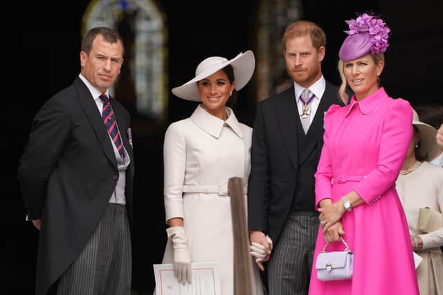 Peter Phillips, the Duchess of Sussex, the Duke of Sussex and Zara Tindall leave the National Service of Thanksgiving at St Paul's Cathedral, London, on day two of the Platinum Jubilee celebrations for Queen Elizabeth II. Picture date: Friday June 3, 2022.