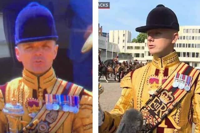 Senior Drum Major of the Household Division Gareth Chambers (from Co Armagh) and Drum Major Paul Carson (from Co Down) who had key roles in the Trooping of the Colour ceremony on Thursday. BBC images