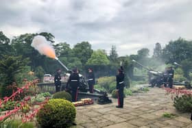 The 206 Ulster Battery of the Royal Artillery during the the 42 gun salute at Hillsborough Castle to mark the start of the Platinum Jubilee celebratory weekend.