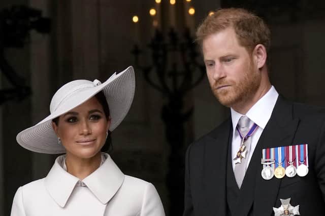 The Duke and Duchess of Sussex leaving the National Service of Thanksgiving at St Paul's Cathedral, London