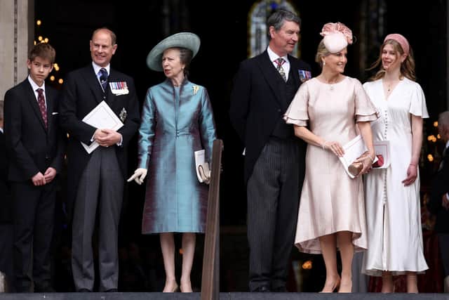 (Left-right) James Viscount Severn, the Earl of Wessex, the Princess Royal, Vice Admiral Sir Tim Laurence, the Countess of Wessex and Lady Louise Windsor leaving the National Service of Thanksgiving at St Paul's Cathedral, London