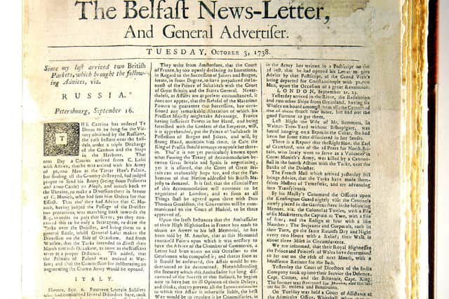 The earliest surviving Belfast News Letter from October 1738. The paper was founded the previous year, in September 1737, but the first 13 months of editions are lost