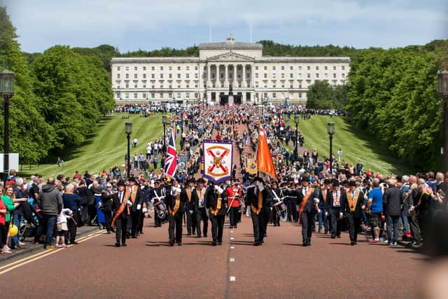 The NI Centennial parade leaves Stormont estate. Picture: Graham Baalham-Curry