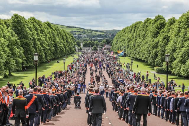 Marchers on the huge Northern Ireland centenary parade leave Stormont for Belfast city centre on Saturday June 4 2022. Ben Lowry reported from along the entirety of the 4.5 mile route