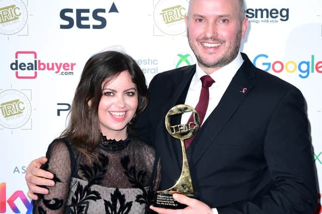 Deborah James (left) and Steve Bland with the award for Best Podcast for the show You, Me and the Big C at the TRIC Awards 2019