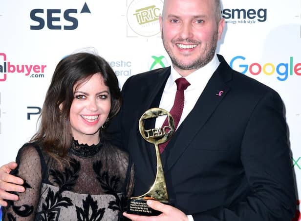 Deborah James (left) and Steve Bland with the award for Best Podcast for the show You, Me and the Big C at the TRIC Awards 2019