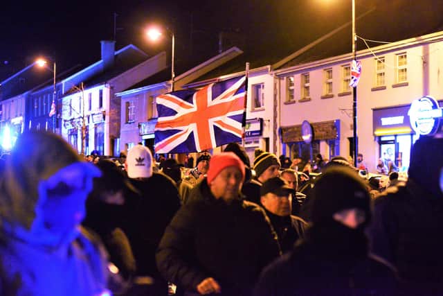 An anti-Northern Ireland Protocol rally in Markethill, Co Armagh earlier this year. 
Picture: Arthur Allison/Pacemaker Press