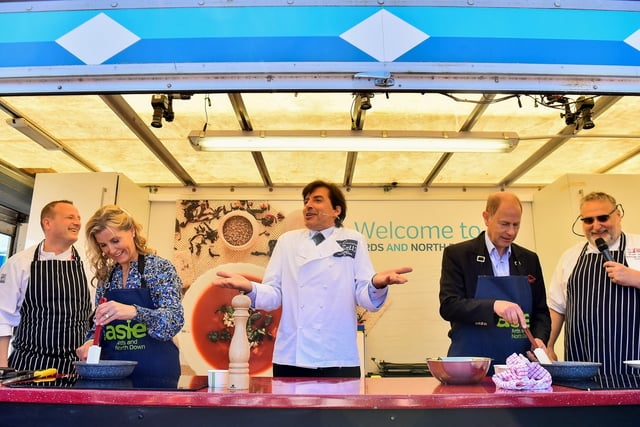 The Earl and Countess of Wessex cook omelettes with French chef Jean-Christophe Novelli during their visit to Bangor, Northern Ireland, as members of the Royal Family visit the nations of the UK to celebrate Queen Elizabeth II's Platinum Jubilee. Picture date: Saturday June 4,, 2022.