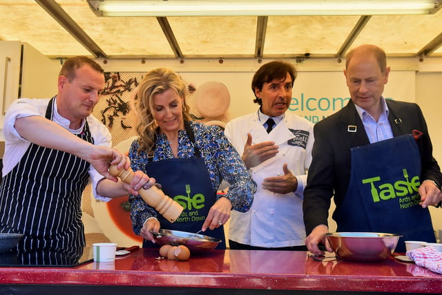 The Earl and Countess of Wessex cook omelettes with French chef Jean-Christophe Novelli during their visit to Bangor, Northern Ireland, as members of the Royal Family visit the nations of the UK to celebrate Queen Elizabeth II's Platinum Jubilee. Picture date: Saturday June 4,, 2022.
