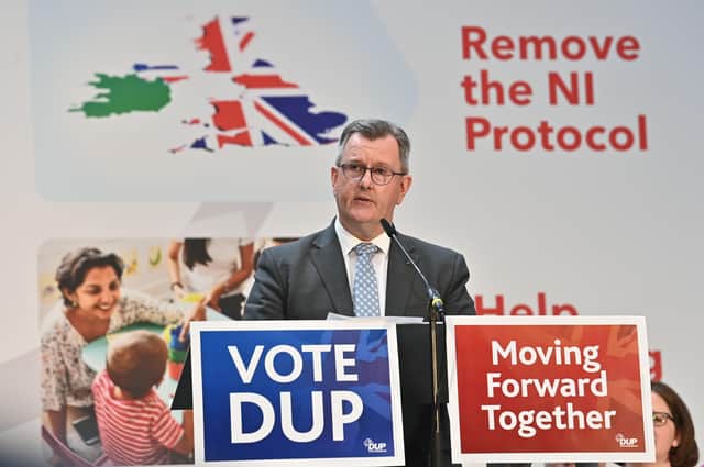 DUP leader Sir Jeffrey Donaldson at the party election manifesto launch in April. The DUP’s relative success in holding its vote has shown that most unionists were prepared to forgive their previous co-operation with the protocol but only on the basis that they uphold their manifesto pledge that it will not be ’business as usual at Stormont’ until the ‘protocol is sorted out’.
Pic Colm Lenaghan/Pacemaker