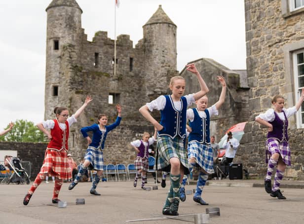 The Big Jubilee Lunch at Enniskillen Castle, Sunday 5th June 2022:The Erne Highland Dancers performing at the Queenâ€TMs Jubilee celebrations at the Big Jubilee Lunch at Enniskillen Castle, Co Fermanagh.  Picture: Ronan McGrade/Pacemaker Press