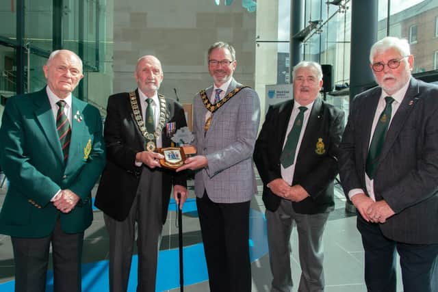 Mid and East Antrim Mayor Councillor William McCaughey hosted an event at the Braid paying tribute to the service and sacrifice of members of the Royal Ulster Constabulary (RUC).
From L-R, William Brown, USC B Specials President; Jim Lesley, USC B Specials; Mayor William McCaughey, John Hughes, USC B Specials; Bobby Andrews, USC B Specials Secretary. The USC served in a support capacity alongside the RUC during the Troubles.