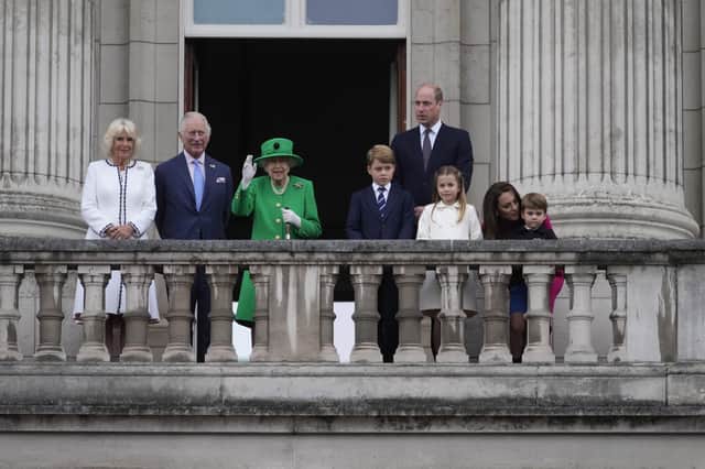On perhaps her last televised public appearance, the Queen stood with three heirs to the throne, Charles (with Camilla), William (with Catherine) and George (alongside Charlotte and Louis) on the balcony of Buckingham Palace at the end of the Platinum Jubilee Pageant, on day four of the Platinum Jubilee celebrations, Sunday June 5, 2022. Photo: Frank Augustein/PA Wire