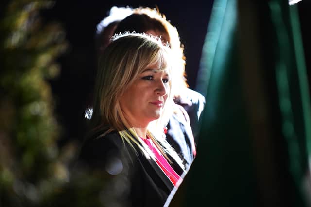 Sinn Fein leader at Stormont Michelle O'Neill addresses a crowd gathered at Clonoe Church in Coalisland to mark the 25th anniversary of the death of four IRA men