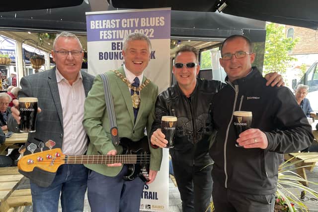 From left Seamus O'Neill (Belfast City Blues Festival director), Lord Mayor Michael Long, performer Lee Hedley and Austen Guy (account executive at Diageo) at the launch of the 2022 Guinness Belfast City Blues Festival.Photo: Tina Calder / Excalibur Press