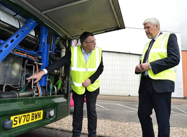 Infrastructure Minister John O’Dowd is pictured with Neil Collins, managing director of Wrightbus