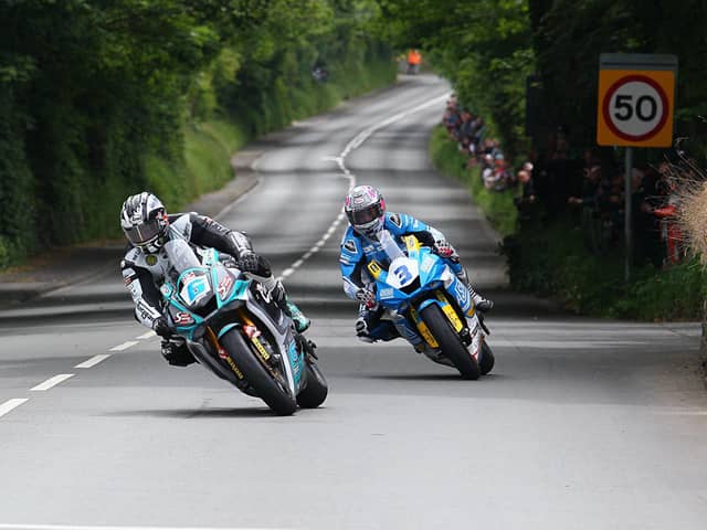 Michael Dunlop (MD Racing Yamaha) and Lee Johnston (Ashcourt Racing Yamaha) at Ballacraine in Monday's opening Supersport TT.