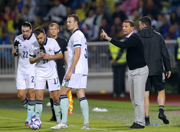 Northern Ireland manager Ian Baraclough (right) gestures on the touchline during the UEFA Nations League match at the Fadil Vokrri Stadium in Pristina, Kosovo. Pic by PA