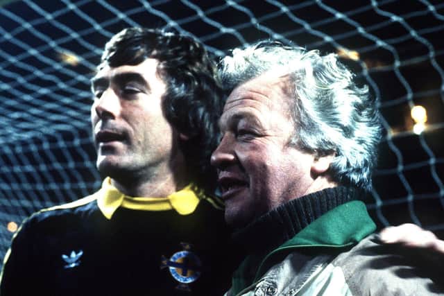 Manager Billy Bingham with Pat Jennings celebrate Northern Ireland qualifying for the 1986 World Cup finals in Mexico. Pacemaker