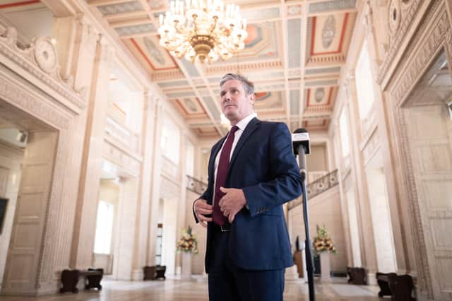 Labour leader Sir Keir Starmer speaks to the media at the Stormont Parliament Buildings in Belfast on Friday