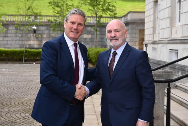 Sir Keir Starmer with Alex Maskey, Speaker of the Northern Ireland Assembly, during a visit to Parliament Buildings, Stormont on Friday