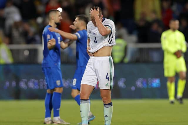 Northern Ireland's Daniel Ballard appears dejected at the end of the Nations League defeat by Kosovo. Pic by PA.