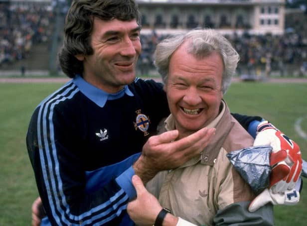 Billy Bingham share a joke with Pat Jennings  before a World Cup qualifying match against Romania in Bucharest in 1985