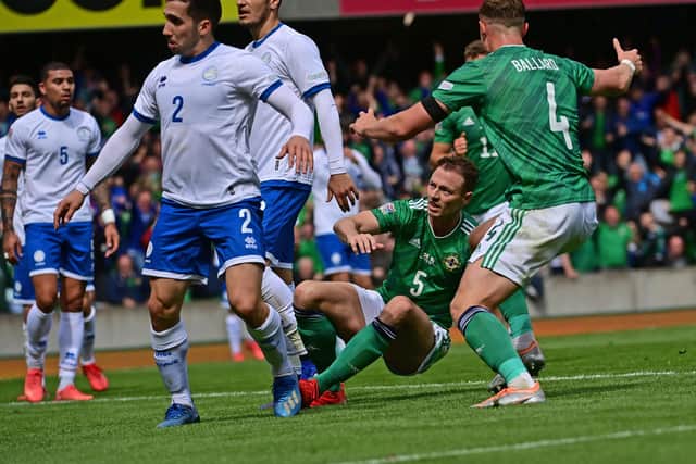 Jonny Evans scores the Northern Ireland equaliser against Cyprus. Pic by Pacemaker.