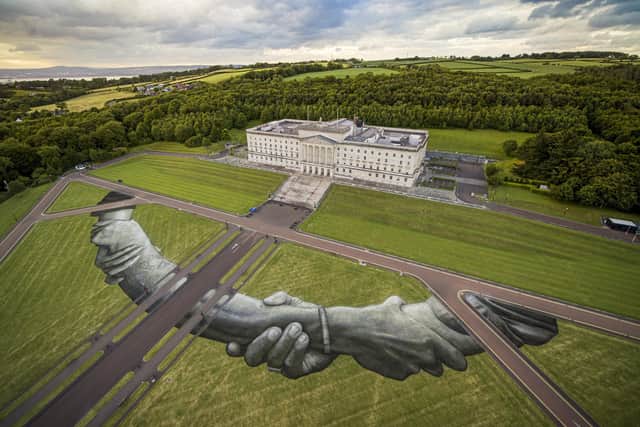 The giant biodegradable landart painting by French-Swiss artist Saype in front of Parliament Buildings