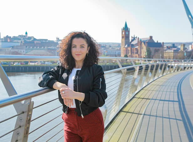 Jamie-Lee O'Donnell on the peace bridge, Londonderry
