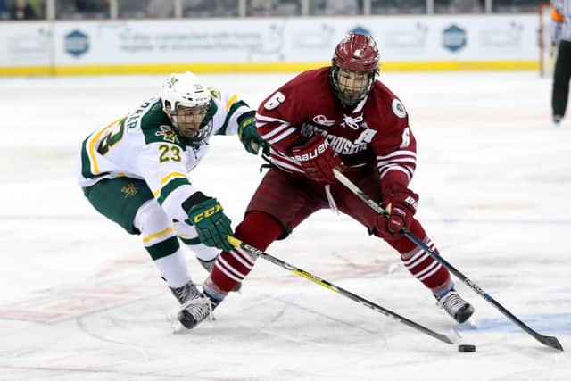 Vermont Catamounts' Rob Darrar with UMass Minutemen's Dominic Trento during the Friendship Four game at the SSE Arena, Belfast, in 2016. Picture: William Cherry/Presseye