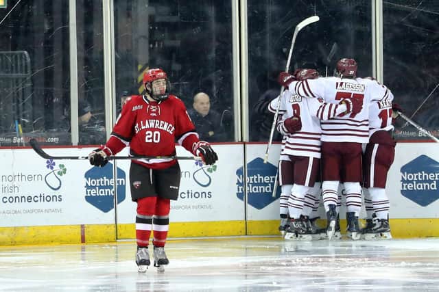 UMass Minutemen's Austin Plevy celebrates scoring against St Lawrence Saints during the Friendship Four at the SSE Arena, Belfast, in 2016. Picture: William Cherry/Presseye