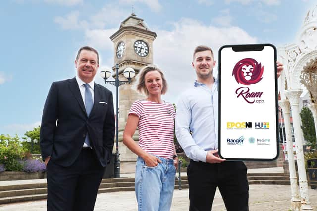 Glyn Roberts, chief executive, Retail NI, Rachel Armstrong, owner, The Guillemot Kitchen Café Winebar and Andrew Bartlett, founder, Roam Local app