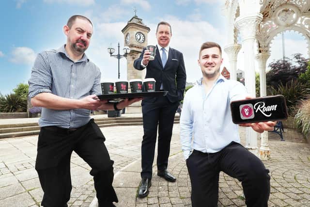 David Ervin, general manager, The Red Berry Coffee House and Eatery, Glyn Roberts, chief executive, Retail NI and Andrew Bartlett, Founder, Roam Local app