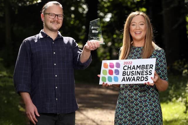 Olivia Stewart, communications manager, NI Chamber and Alistair Brown, CEO, Lumenstream and Winner of the 2021 Game Changer Award