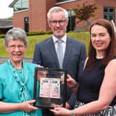Terry Robb and Sandra Wright of Ulster Bank presented Dame Jocelyn Bell Burnell with the first of the new £50 notes available in Northern Ireland