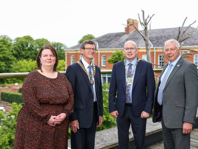 Chief executive of NILGA, Alison Allen, new NILGA president, Cllr Martin Kearney, chair of Newry, Mourne and Down District Council, Cllr Michael Savage and outgoing NILGA President, Cllr Robert Burgess
