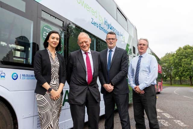 Kirsty McBride, director of finance at Wrightbus, Minister for Investment Lord Grimstone, Neil Collins, managing director of Wrightbus and Damian McGarry, director of manufacturing at Wrightbus