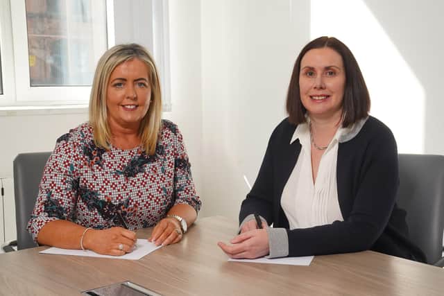 Pictured at the contract signing of the NISTR tender award which is part of the Education Authority (EA) Education Information Solutions (EdIS) Programme is Mairead Hylands, Version 1 commercial director and Sara Long, EA chief executive