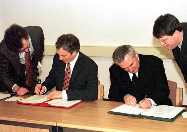 The then prime minister, Tony Blair, and Taoiseach Bertie Ahern sign the Belfast Agreement in 1998. It was aimed at appeasing violent republicanism, but has now run its course, and has failed to deliver stability and good governance