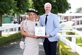 Winner of Zen Orthodontics Best Dressed Lady at Down Royal Racecourse, Sarah McCulla from Kilkeel pictured with competition sponsor Aidan Callanan from Zen Orthodontics.