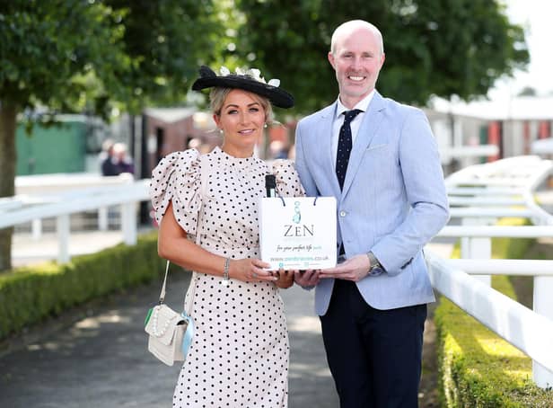 Winner of Zen Orthodontics Best Dressed Lady at Down Royal Racecourse, Sarah McCulla from Kilkeel pictured with competition sponsor Aidan Callanan from Zen Orthodontics.