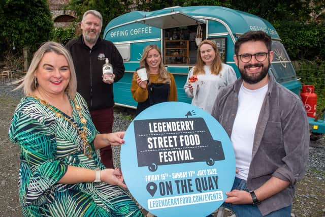 Derry City and Strabane District Council Mayor, councillor Sandra Duffy with Jim Nash, Wild Atlantic Distillery, Stephanie Bradley from Offing Coffee,  Joanne Cullen, Foyle Bubble Waffles and Josh Kyle, Walled City Brewery